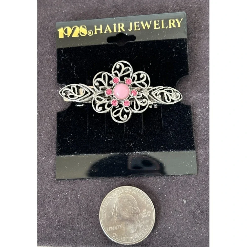 1928 Hair Jewelry Barrette Filigree Floral Silver Pink Rhinestone Cabochon NEW